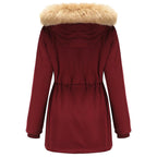 Women's Burgundy Parka with Faux Fur Hood, Adjustable Waist