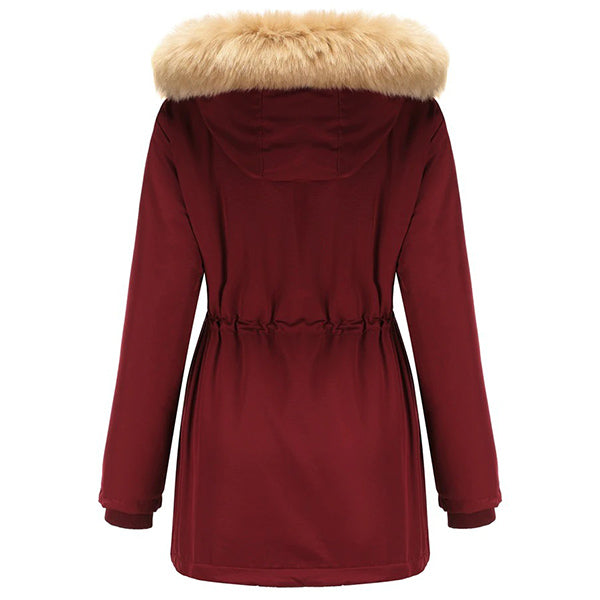Women's Burgundy Parka with Faux Fur Hood, Adjustable Waist