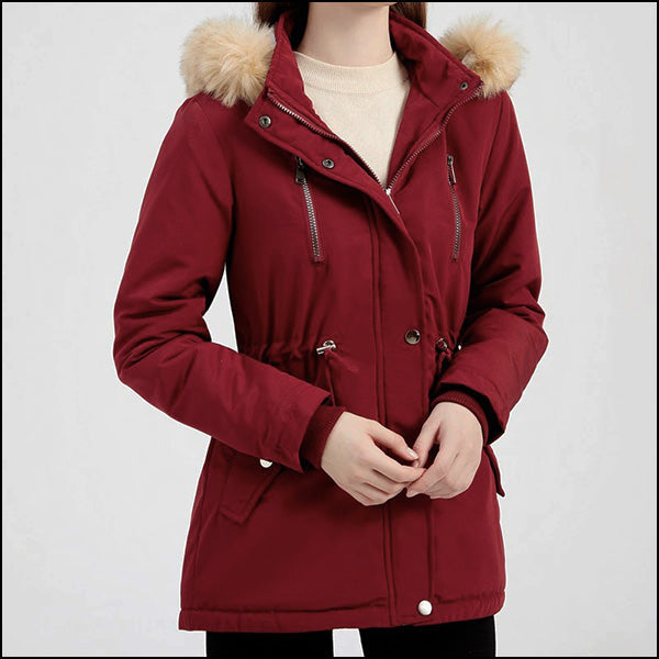 Women's Burgundy Parka with Faux Fur Hood, Adjustable Waist
