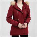 Women's Burgundy Parka with Faux Fur Hood, Adjustable Waist