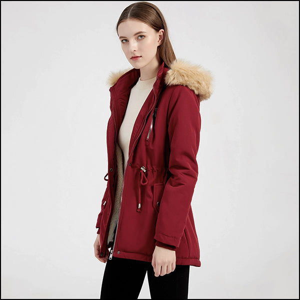 Women's Burgundy Parka with Faux Fur Hood, Adjustable Waist
