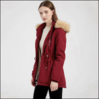 Women's Burgundy Parka with Faux Fur Hood, Adjustable Waist
