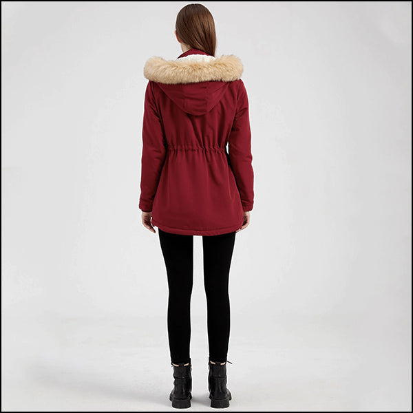 Women's Burgundy Parka with Faux Fur Hood, Adjustable Waist