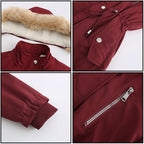 Women's Burgundy Parka with Faux Fur Hood, Adjustable Waist
