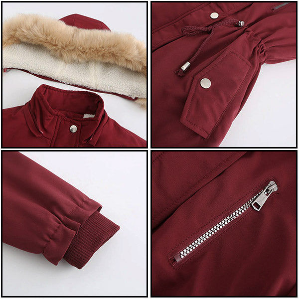 Women's Burgundy Parka with Faux Fur Hood, Adjustable Waist