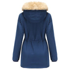 Women's Deep Blue Winter Parka with Faux Fur & Drawstring