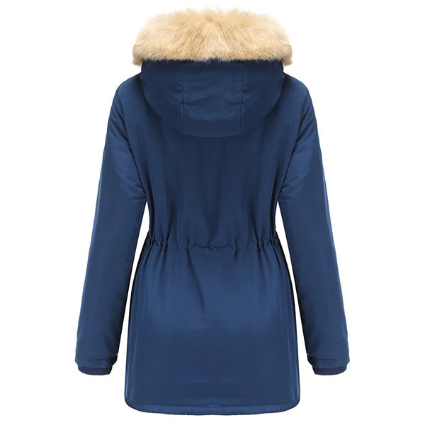 Women's Deep Blue Winter Parka with Faux Fur & Drawstring