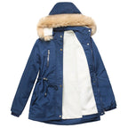 Women's Deep Blue Winter Parka with Faux Fur & Drawstring