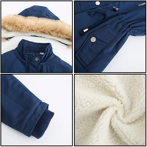 Women's Deep Blue Winter Parka with Faux Fur & Drawstring