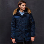 Men's Navy Blue Parka with Faux Fur Hood Trim