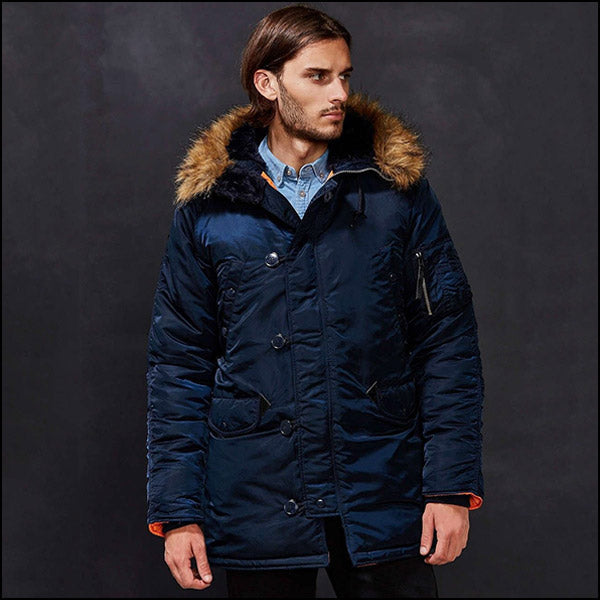 Men's Navy Blue Parka with Faux Fur Hood Trim