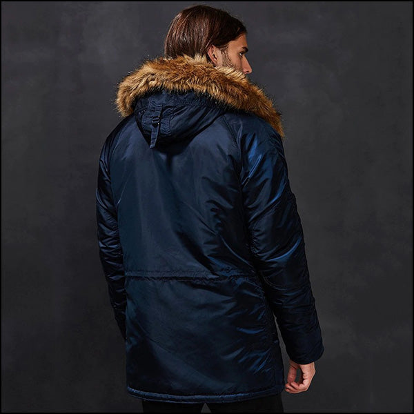 Men's Navy Blue Parka with Faux Fur Hood Trim
