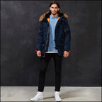 Men's Navy Blue Parka with Faux Fur Hood Trim