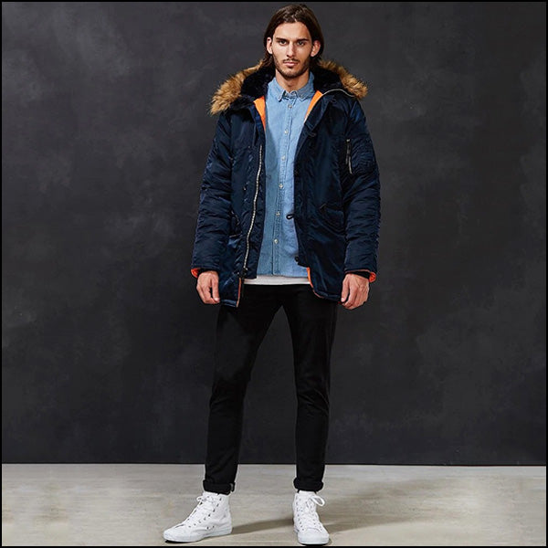 Men's Navy Blue Parka with Faux Fur Hood Trim
