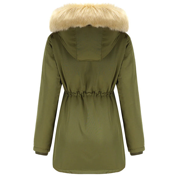 Women's Olive Green Parka with Drawstring & Faux Fur Hood