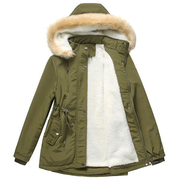 Women's Olive Green Parka with Drawstring & Faux Fur Hood