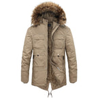 Men's Khaki Multi-Pocket Parka with Faux Fur Hood
