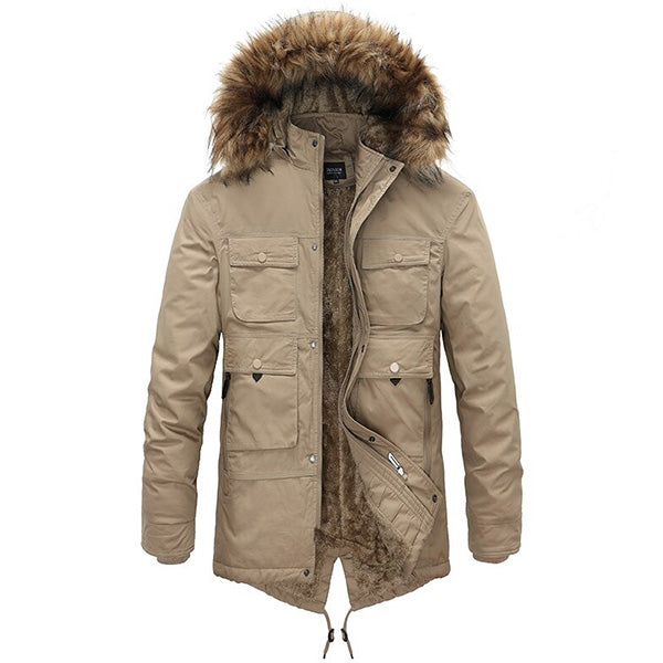 Men's Khaki Multi-Pocket Parka with Faux Fur Hood