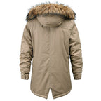 Men's Khaki Multi-Pocket Parka with Faux Fur Hood