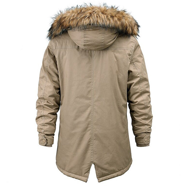 Men's Khaki Multi-Pocket Parka with Faux Fur Hood
