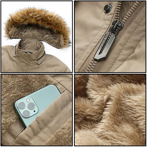 Men's Khaki Multi-Pocket Parka with Faux Fur Hood