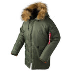 Men's Olive Parka with Faux Fur Hood & Orange Lining