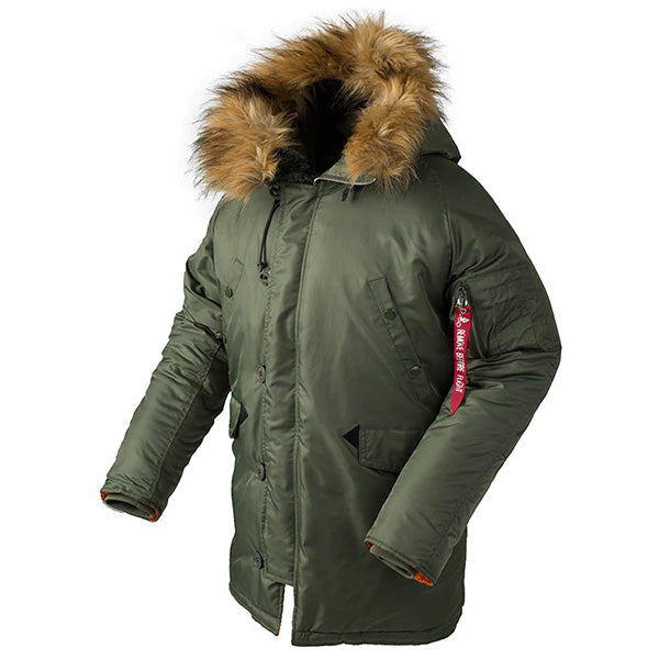 Men's Olive Parka with Faux Fur Hood & Orange Lining