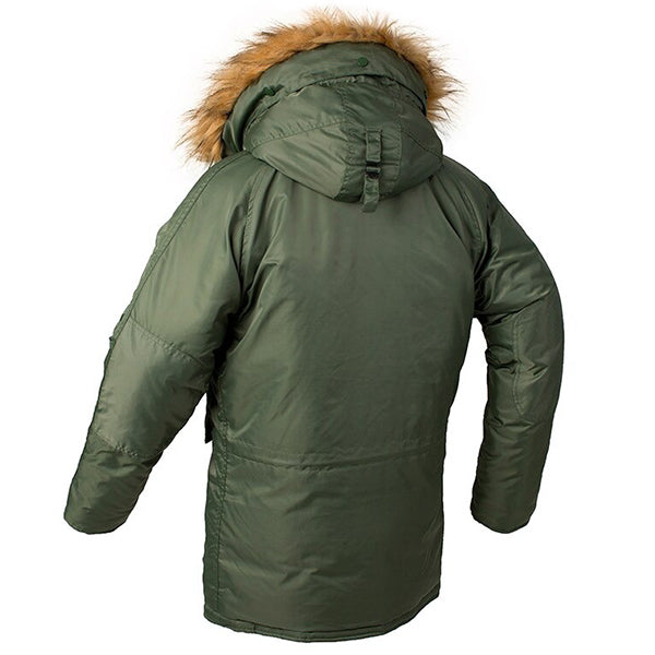 Men's Olive Parka with Faux Fur Hood & Orange Lining