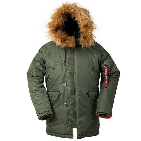 Men's Olive Parka with Faux Fur Hood & Orange Lining