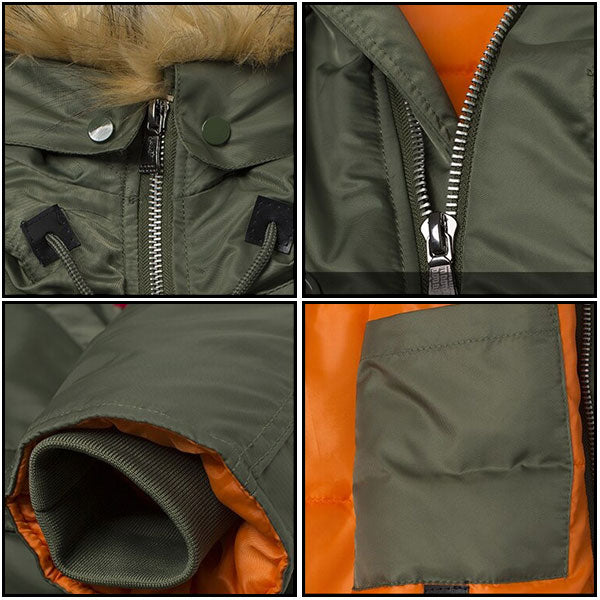 Men's Olive Parka with Faux Fur Hood & Orange Lining