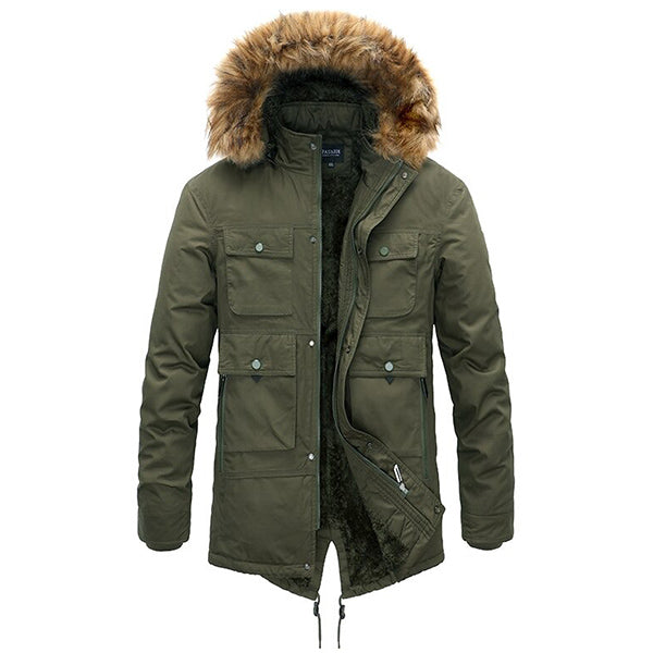 Men's Olive Green Winter Parka with Faux Fur Hood