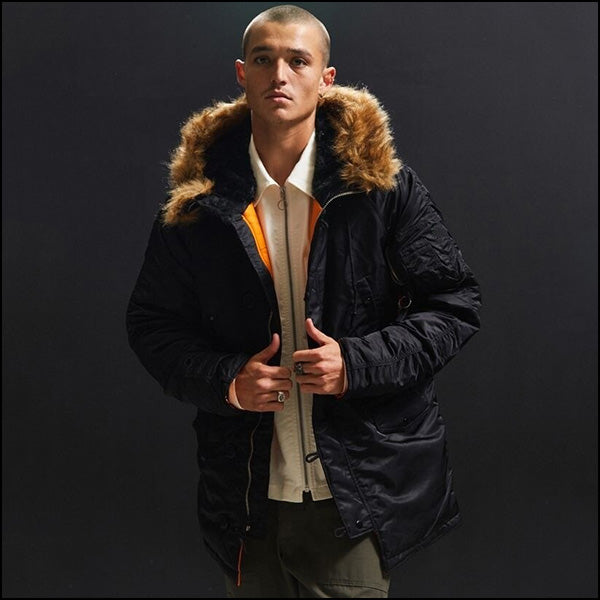 Men's Black Military Parka with Faux Fur Hood