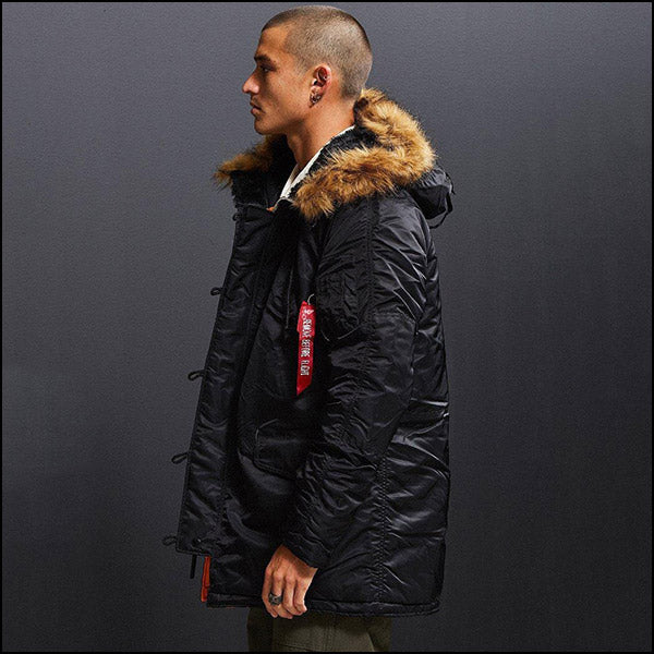 Men's Black Military Parka with Faux Fur Hood