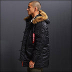 Men's Black Military Parka with Faux Fur Hood