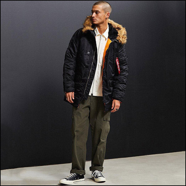 Men's Black Military Parka with Faux Fur Hood