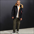 Men's Black Military Parka with Faux Fur Hood