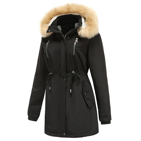 Women's Black Faux Fur Hooded Parka with Drawstring