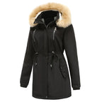 Women's Black Faux Fur Hooded Parka with Drawstring