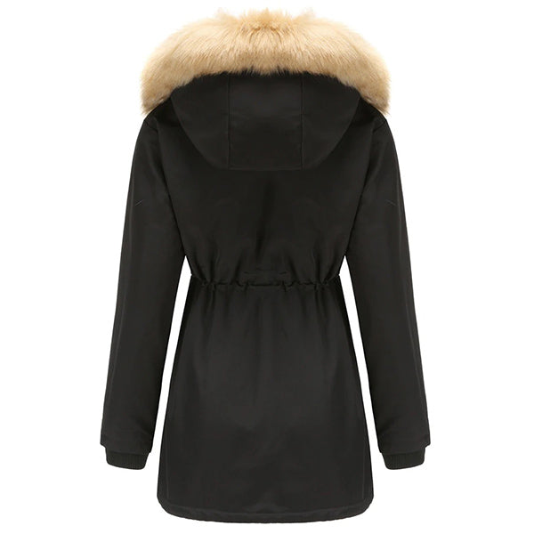 Women's Black Faux Fur Hooded Parka with Drawstring