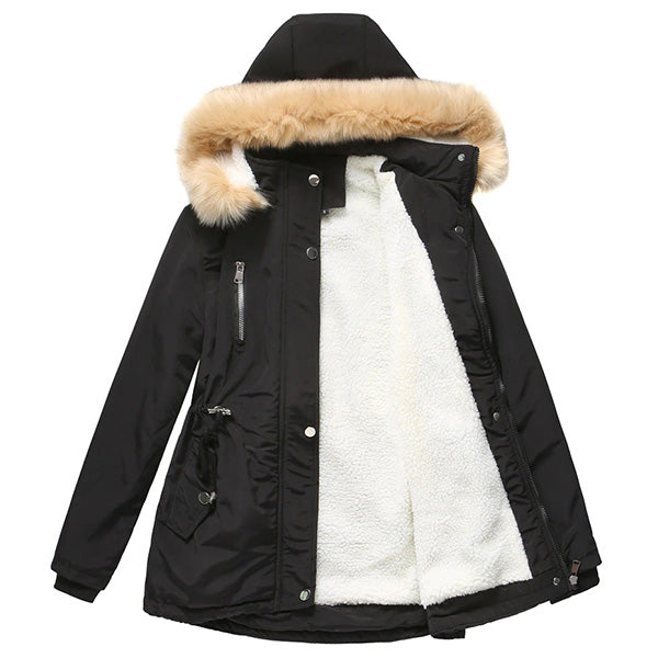 Women's Black Faux Fur Hooded Parka with Drawstring