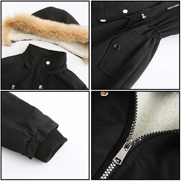 Women's Black Faux Fur Hooded Parka with Drawstring