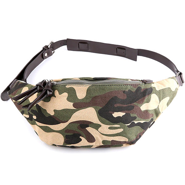 Unisex Camouflage Canvas Waist Bag with Brown Strap