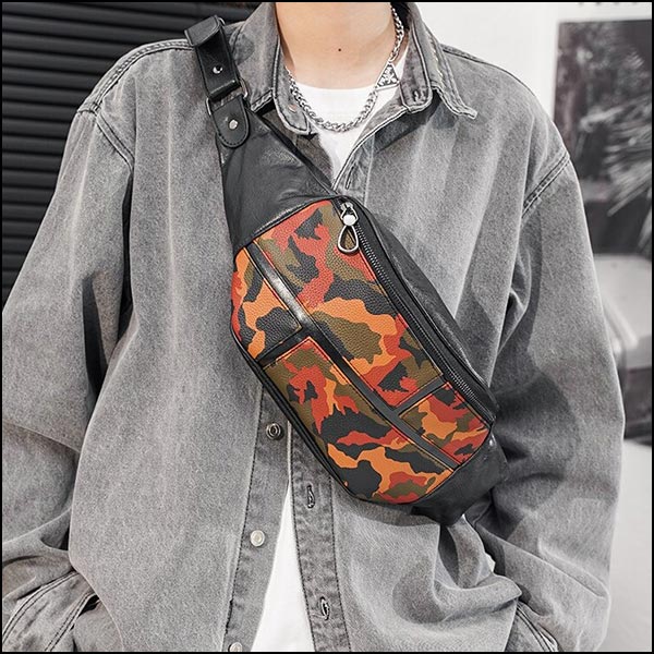 Unisex Orange Camo PU Leather Fanny Pack