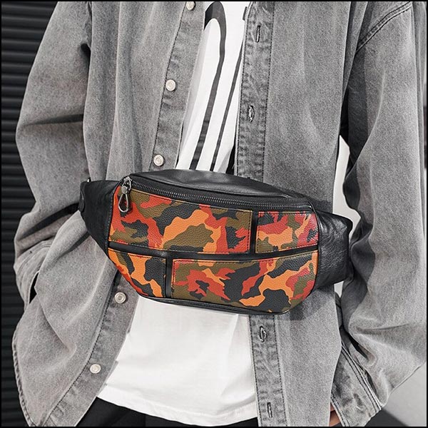 Unisex Orange Camo PU Leather Fanny Pack