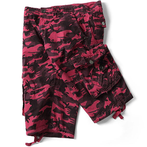 Men's Fuchsia Camouflage Cargo Shorts with Drawstring Cuffs