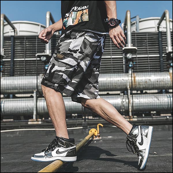 Men's Grey Camo Streetwear Cargo Shorts