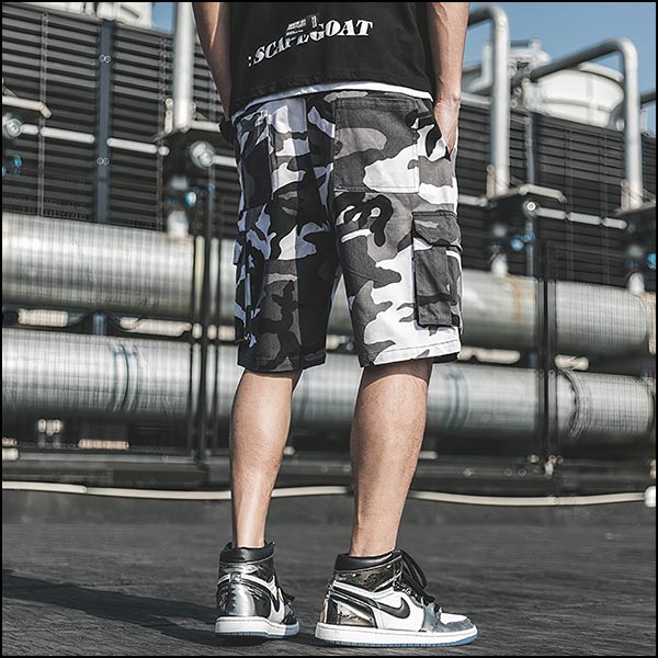 Men's Grey Camo Streetwear Cargo Shorts