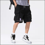 Men's Black Graphic Techwear Cargo Shorts