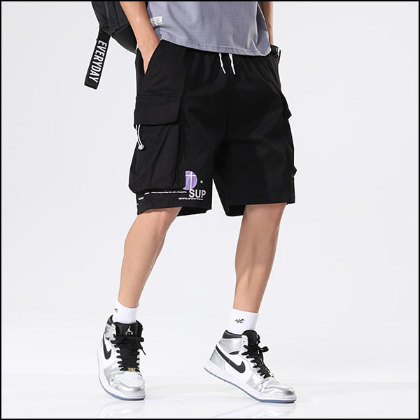 Men's Black Graphic Techwear Cargo Shorts