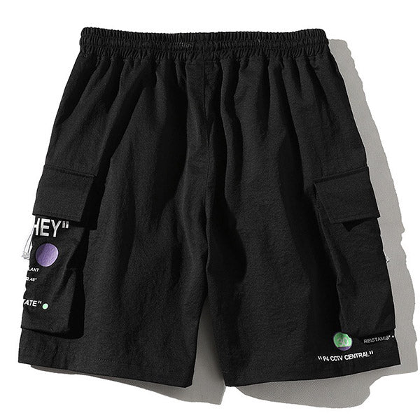 Men's Black Graphic Techwear Cargo Shorts